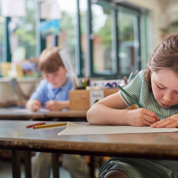 Schoolgirl writing in classroom lesson in primary school